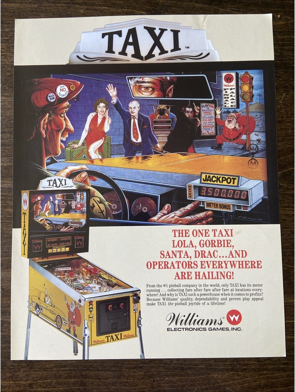 Williams Taxi Arcade Pinball FLYER Original Ad Promo 1988 Poster Not PCB